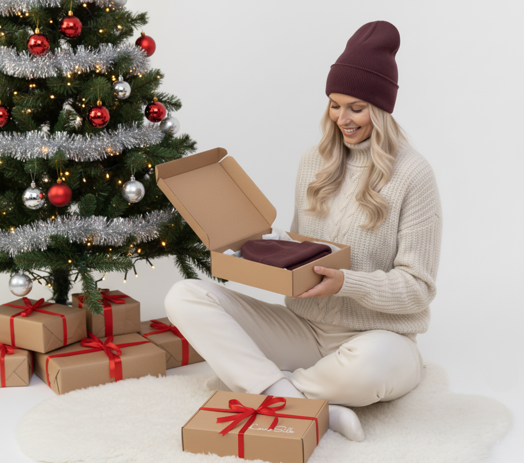 Weiches Seidenkissen aus LoveSilk mit festlicher Weihnachtsverpackung und Geschenkideen.