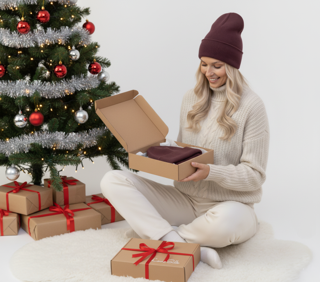 Weiches Seidenkissen aus LoveSilk mit festlicher Weihnachtsverpackung und Geschenkideen.