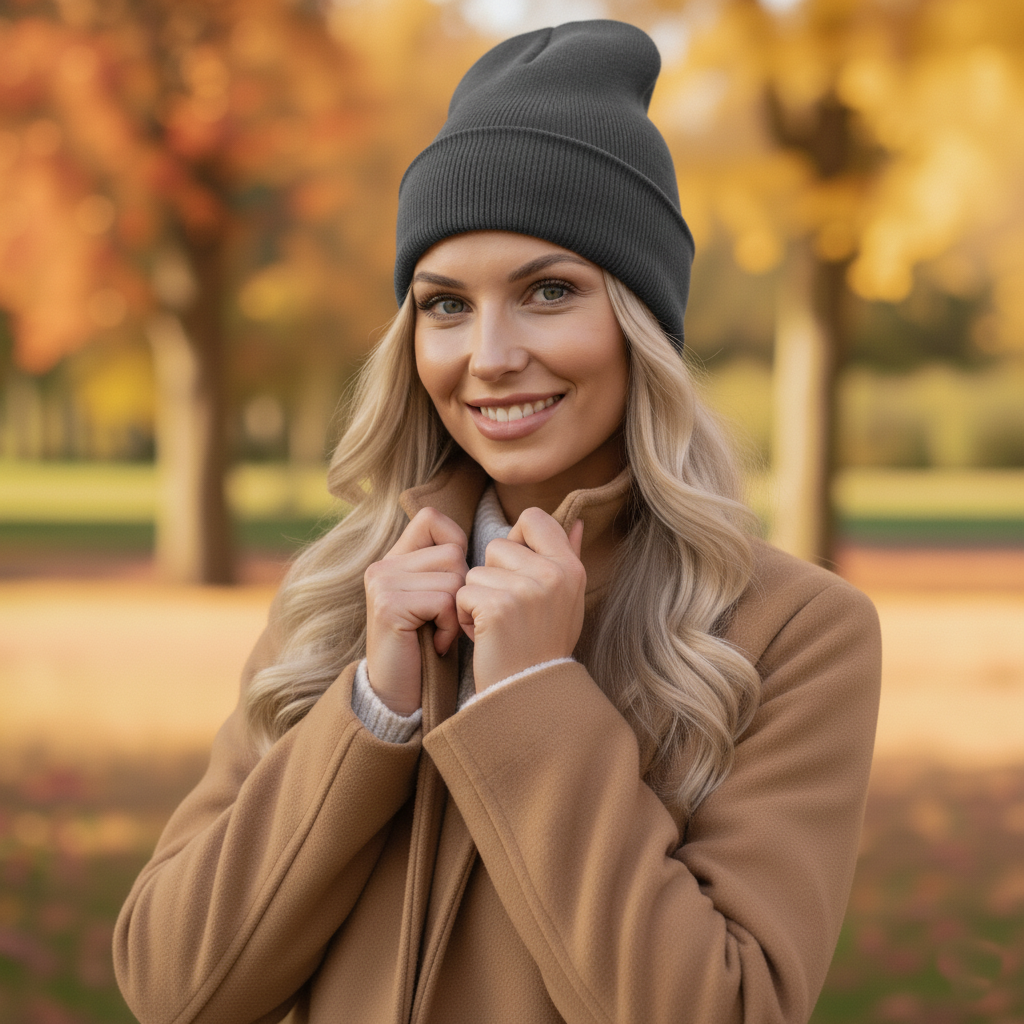 Farbenfrohes herbstliches Portrait einer jungen Frau mit blondem Haar, grauem Beanie und kuscheligem Mantel im Park.