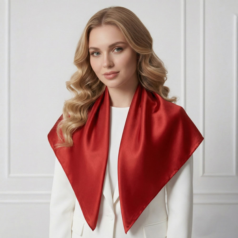 Roter Seidenschal für Damen LoveSilk, sichtbar aus glattem, glänzendem Stoff.