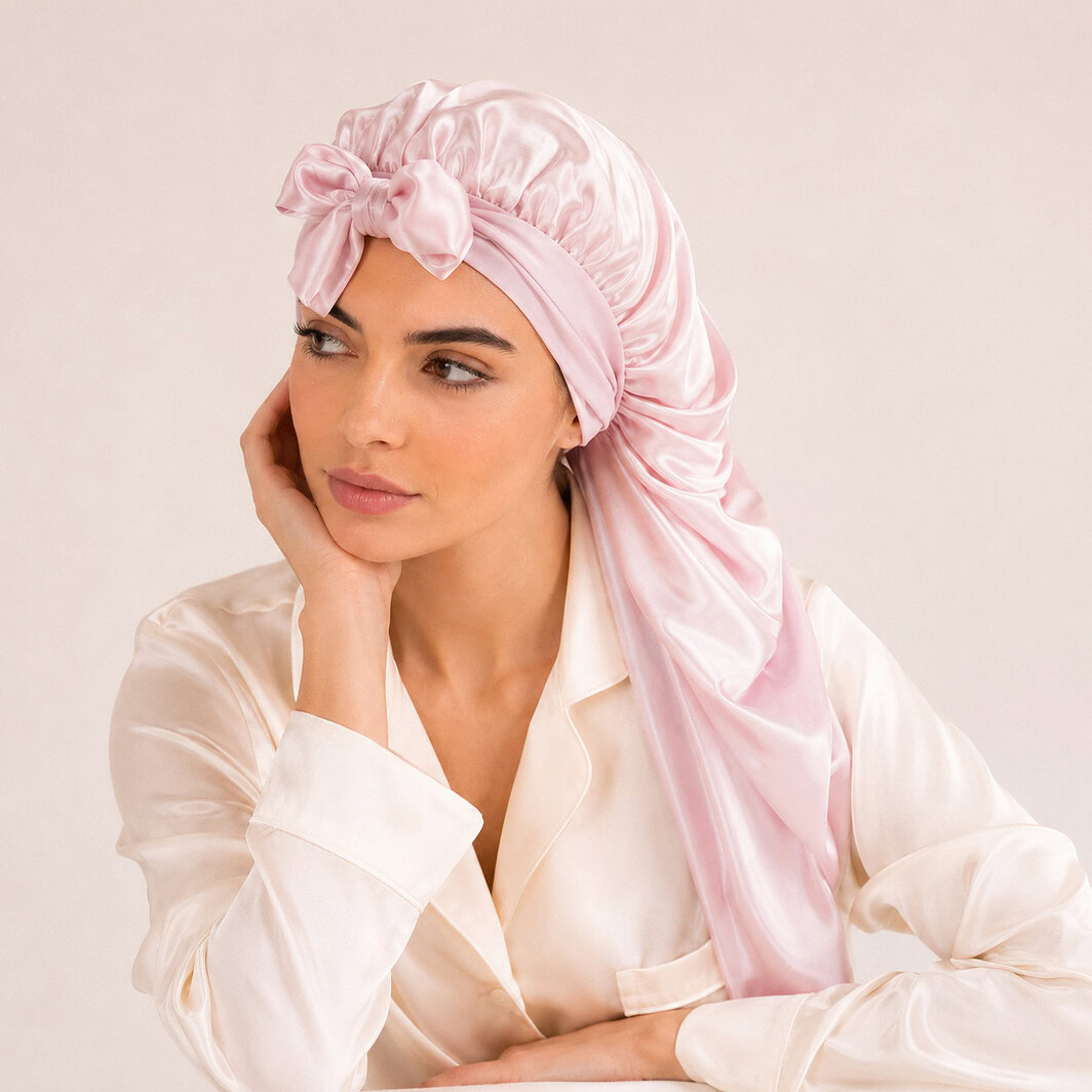 Seidenturban zum Binden LoveSilk Puderrosa mit Haargummis.