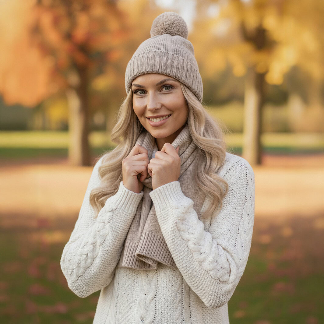 LoveSilk Seidenhaube in Cappuccino, aus Seide mit Bommel.